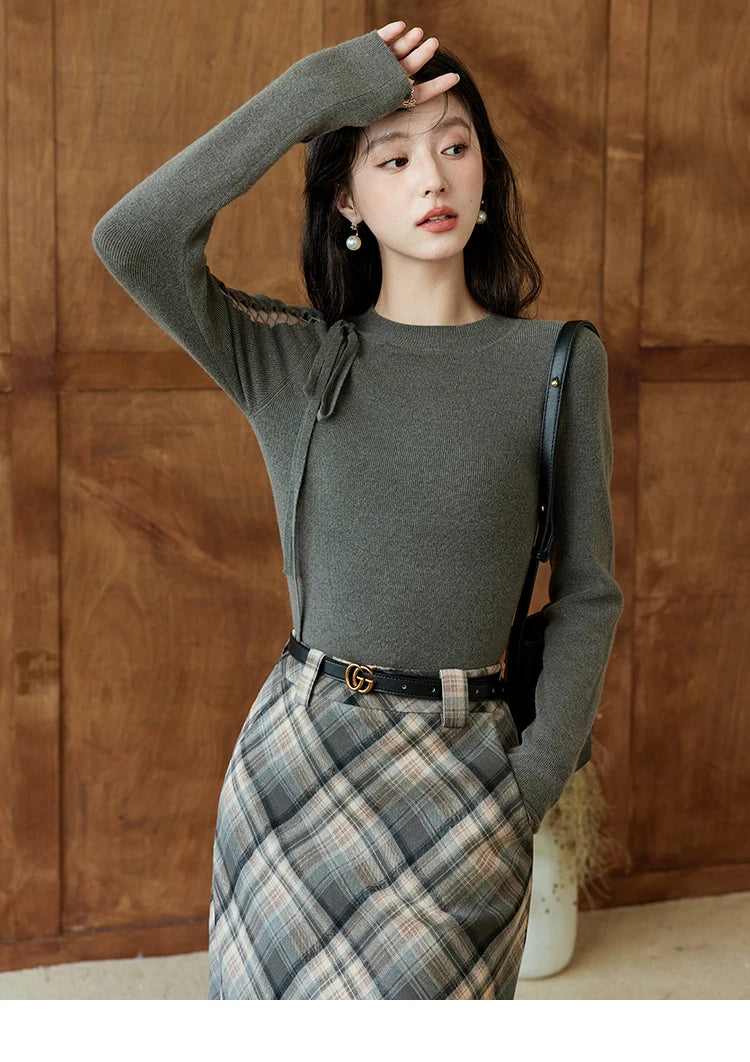 MISHOW Bottom Knit Sweater Women Fashion Hollow Tie Design Bottoming Shirt 2024 Fall New Warm Long-sleeved Slim Tops MXD45Z0766