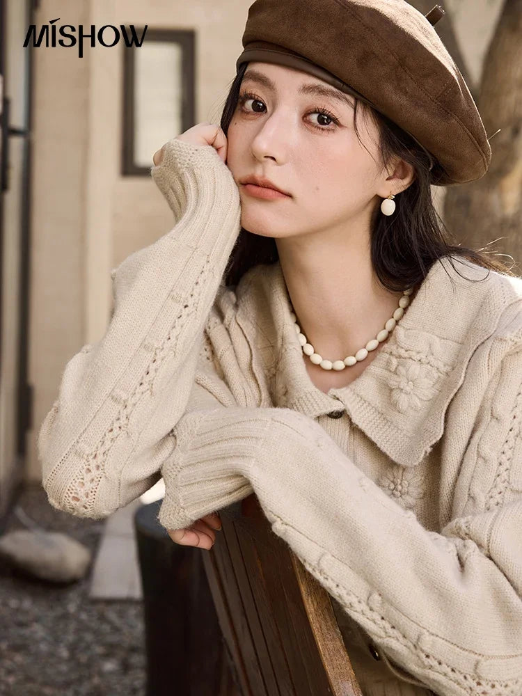 MISHOW Embroidered Sweater Women’s French Retro Doll Collar 2024 Fall Winter New Casual Long-sleeved Knit Sweater Top MXD35Z0895