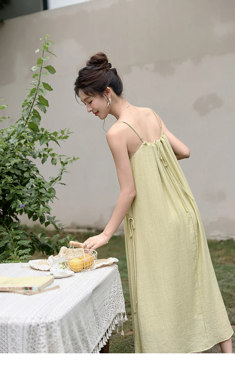 MISHOW Irregular Pleated Suspender Long Dress for Women 2025 Summer Olive Green Dress Loose Drawstring Waist Dresses MXD31L1928