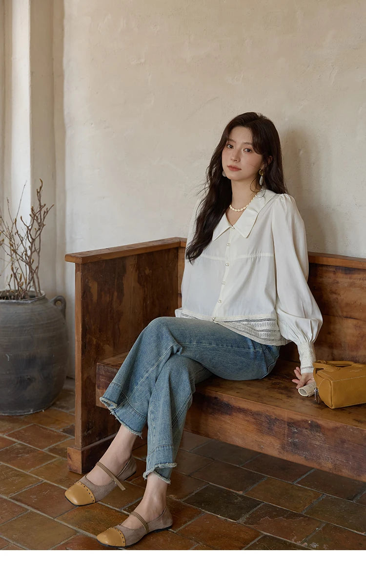 MISHOW Women's French Lace Patchwork Shirt 2025 Autumn Butterfly Collar Lantern Sleeves Apricot Elegant Commuting Top MXE41C2357