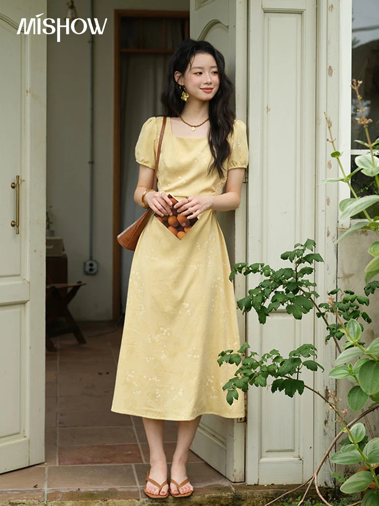 MISHOW Women's Clothing Fashion Square Neck Puff Sleeve Dress Summer 2025 New Bamboo Leaf Jacquard Pattern Dresses MXE39L2415