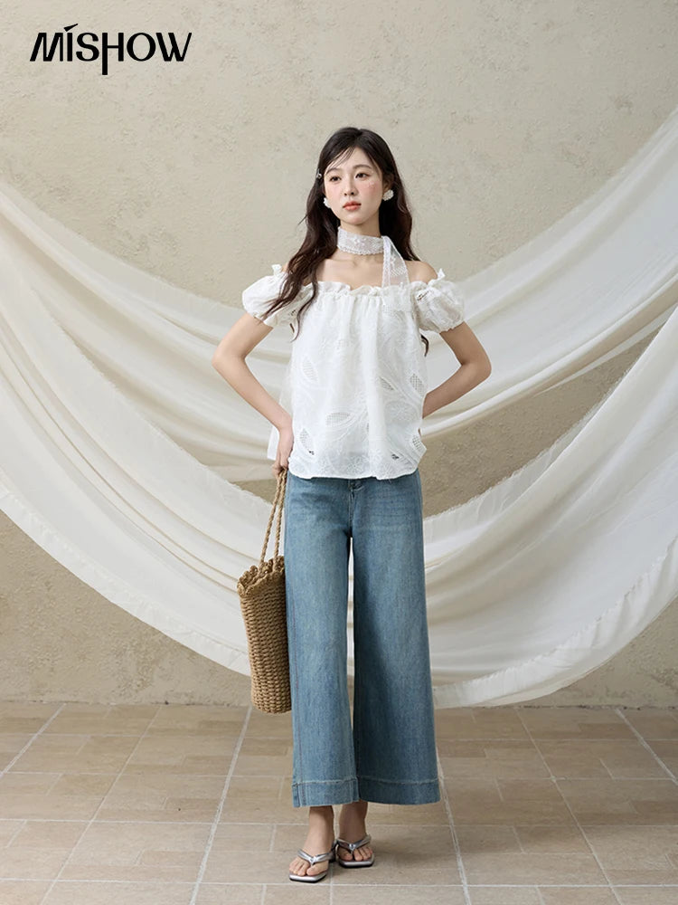 MISHOW French Summer Shirts Women New 2025 Slash Neck Short Sleeve Solid Lace Blouses Female Fashion Slim Tops Lady MXE35X1775