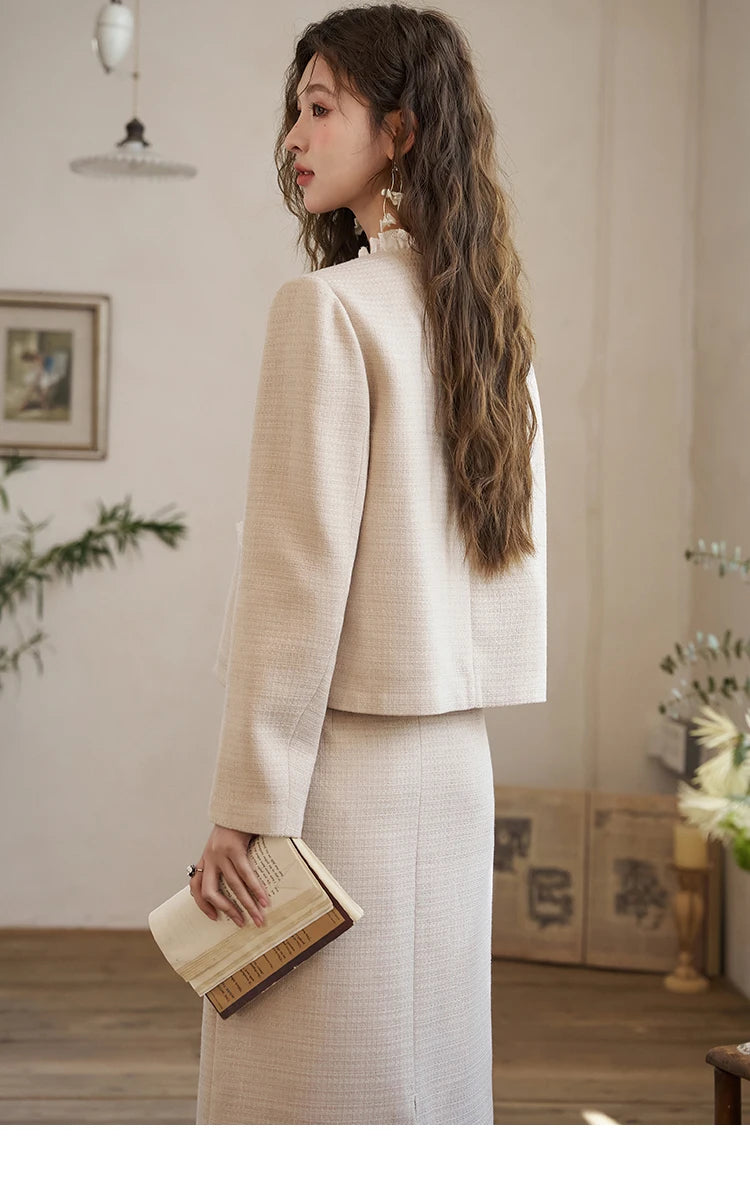 MISHOW French Fragrant Coat Solid Skirt Separately 2025 Spring Collar Pocket Splicing Lace Top Hem Split Back Skirt MXD12W0274