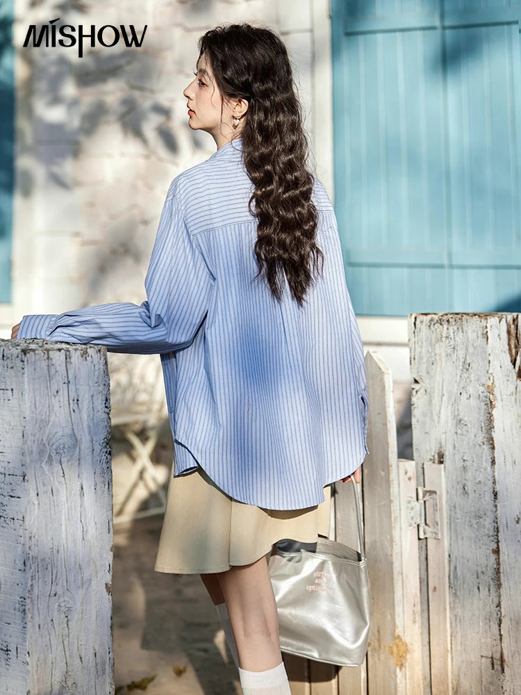 MISHOW Blue Striped Shirt for Women 2025 Spring Versatile Office Lady Tops Pocket Turn-down Collar Long-Sleeve Shirts MXE11C0399