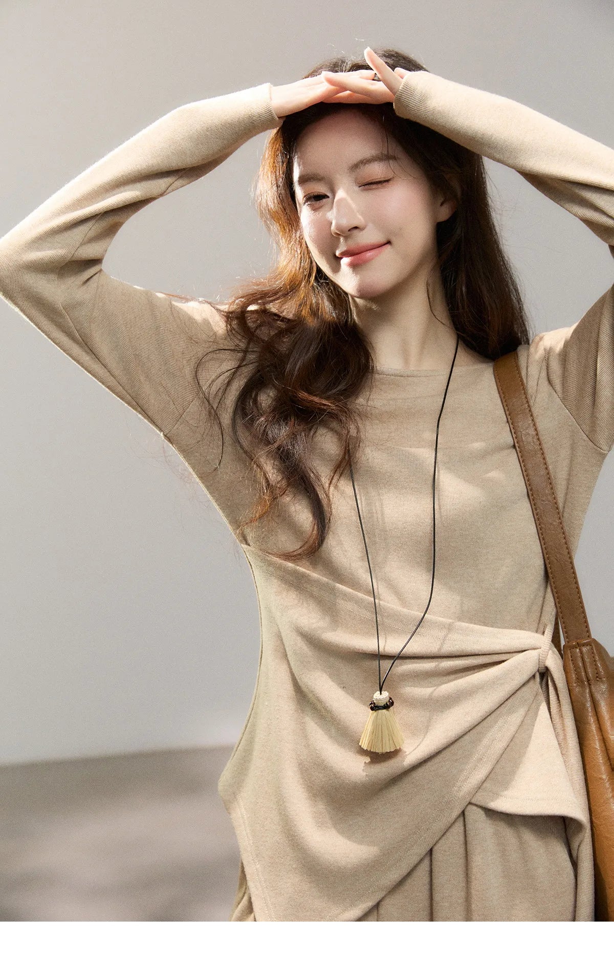 MISHOW Women's Khaki Knitted Two-Piece Set 2026 Spring Asymmetrical Hem Waist-Cinched Top Wide Leg Pants Casual Sets MXF11T1465