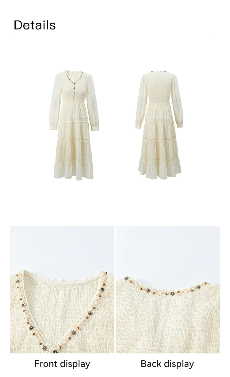 MISHOW Apricot Vacation Dress for Women Spring 100 Cotton Splicing Lace Retro Dress V-neck Waist Slim Long Dresses MXE16L2168