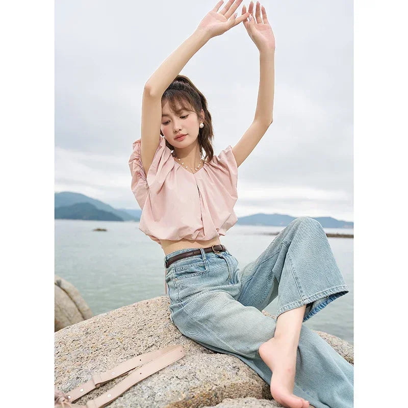 MISHOW Soft Blouses for Women 2025 Summer French Rear Collar Tie Up Solid Short Sleeve Solid V Neck Puff Sleeve Tops MXC38X1275