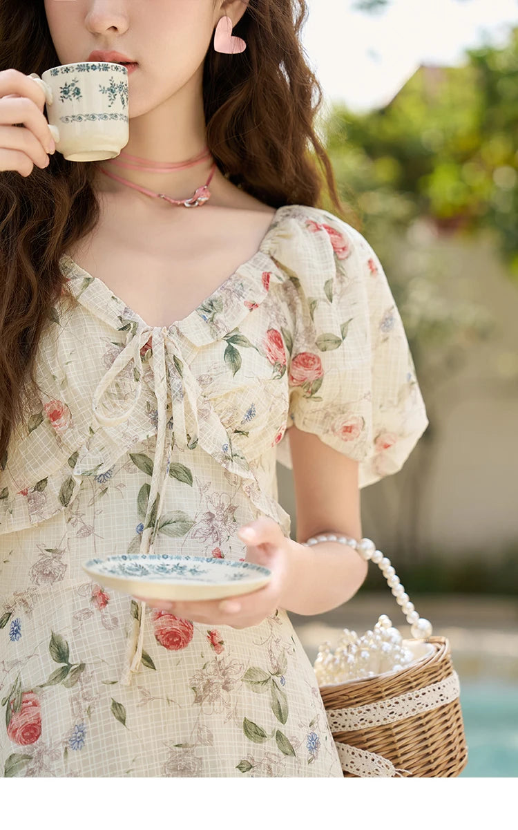 MISHOW Elegant Fairycore Floral Dresses for Women 2023 Summer French A-line Ruffles V-neck Puff Sleeve Sweet Dress MXC33L1465