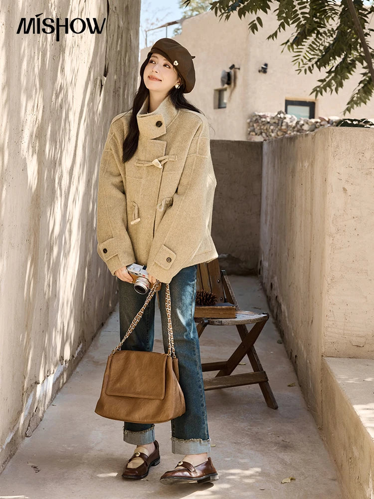 MISHOW Reversible Wool Velvet Coat Cow Horn Button Lapel Coat 2024 Winter Fashion Luxury Senior Korean Tweed Jacket MXD44W0446