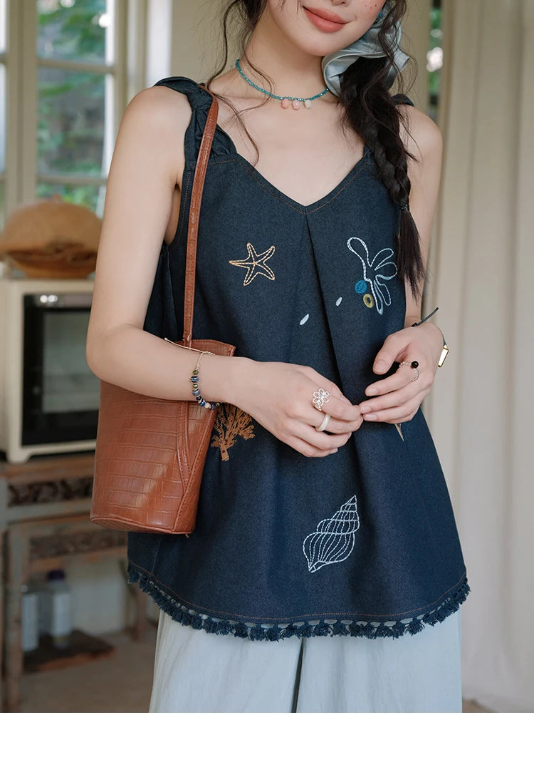 MISHOW Women's Fashion Strap Vest Summer 2025 Embroidery Lace Sleeveless Lady Camis Casual Vacation Tassel Denim Top MXE37X1860