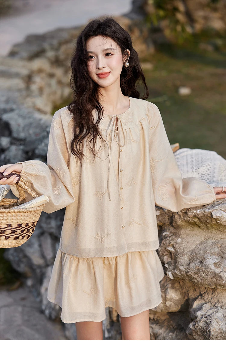 MISHOW Iris Embroidery Blouse Elastic Waist Skirt Set for Women Spring Summer 2025 Jacquard Commuting Slim Two Pieces MXE13T0454