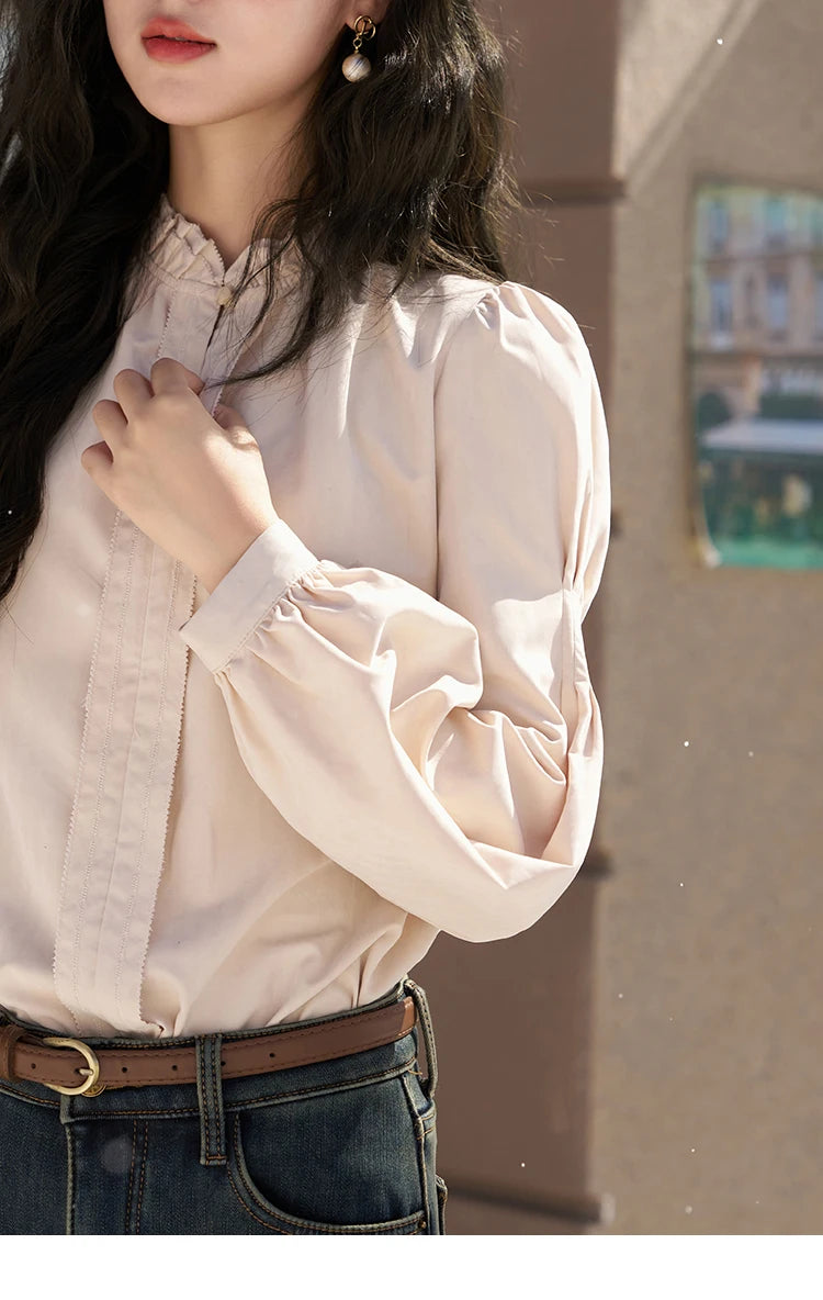 MISHOW French Autumn Winter Button Up Lantern Long Sleeve Shirts Women Ruffle Neck Thick Warm Blouse Flannel Shirt MXC56X1320