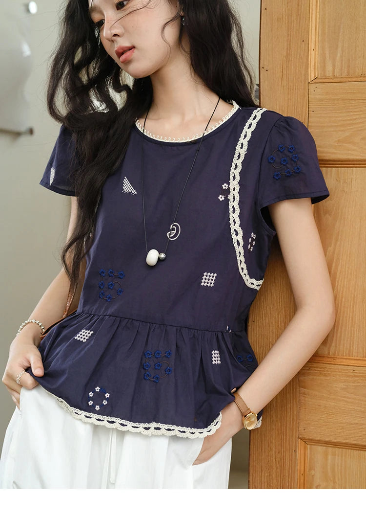 MISHOW Women's O-Neck Spliced Lace Blouse 2025 Summer New Fashion Embroidery Flower Casual Loose Top Ladies Clothing MXE39X1965