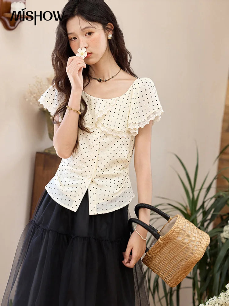 MISHOW Women's Apricot Polka Dot Shirt 2025 Summer French Ruffle Edge Patchwork Lace Shirts Short Sleeved Slim Top MXE34X1783