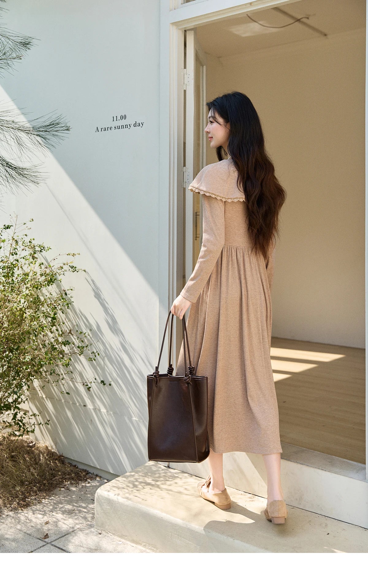 MISHOW Women's Khaki Knitted Dress 2026 Spring Large Collar Decor Long Sleeve Dresses Pleated Casual Elegant Dress MXF11L2553