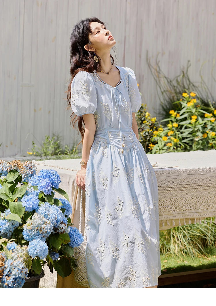 MISHOW Blue Square Neck Bubble Sleeve Dress for Women Summer 2025 Waist Vacation 100 Cotton Embroidered Long Dress MXE35L2234