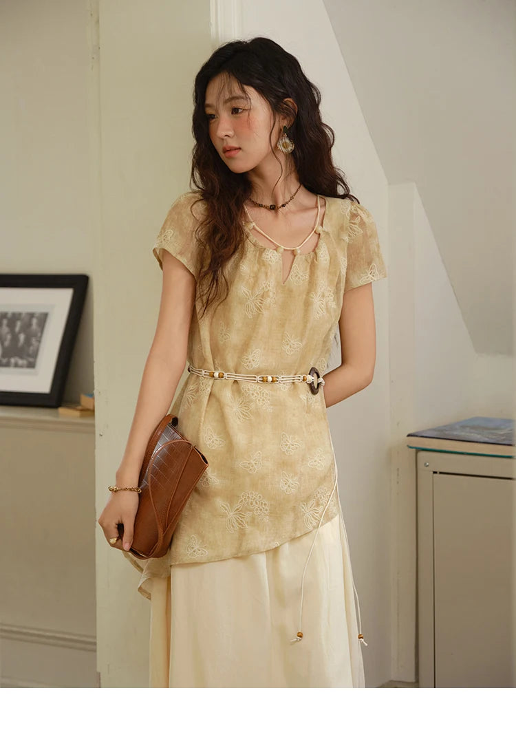 MISHOW Fashion Butterfly Embroidery Dress 2025 Summer Splicing Beaded Collar Comes with Retro Belt Dresses MXE36L2250