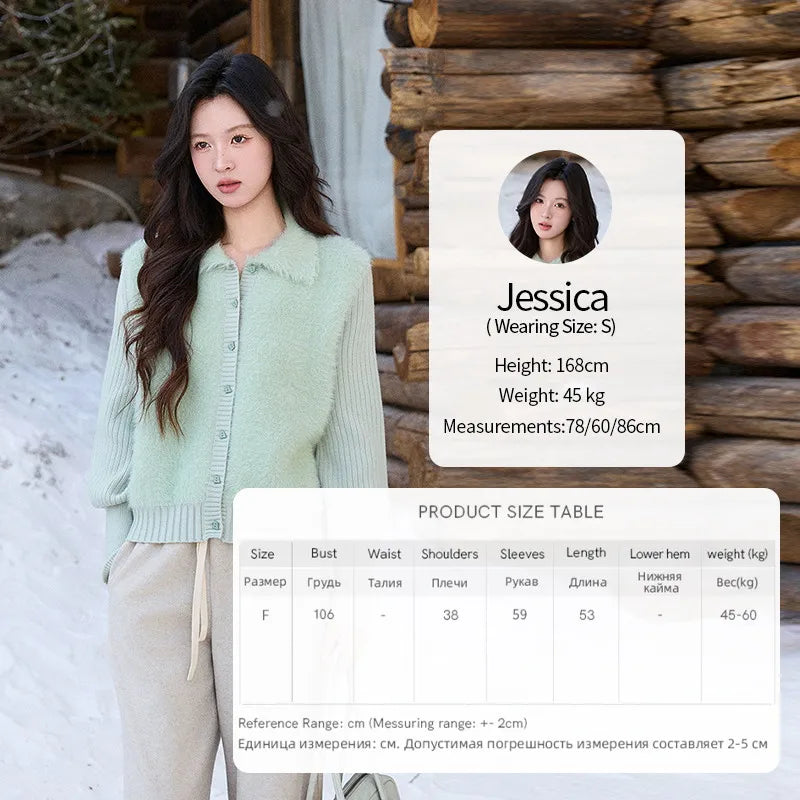 MISHOW Women's Green Faux Mink Fur Patchwork Knitted Cardigan Winter Lapel Warm Soft Knit Top single-breasted sweater MXE86Z2764