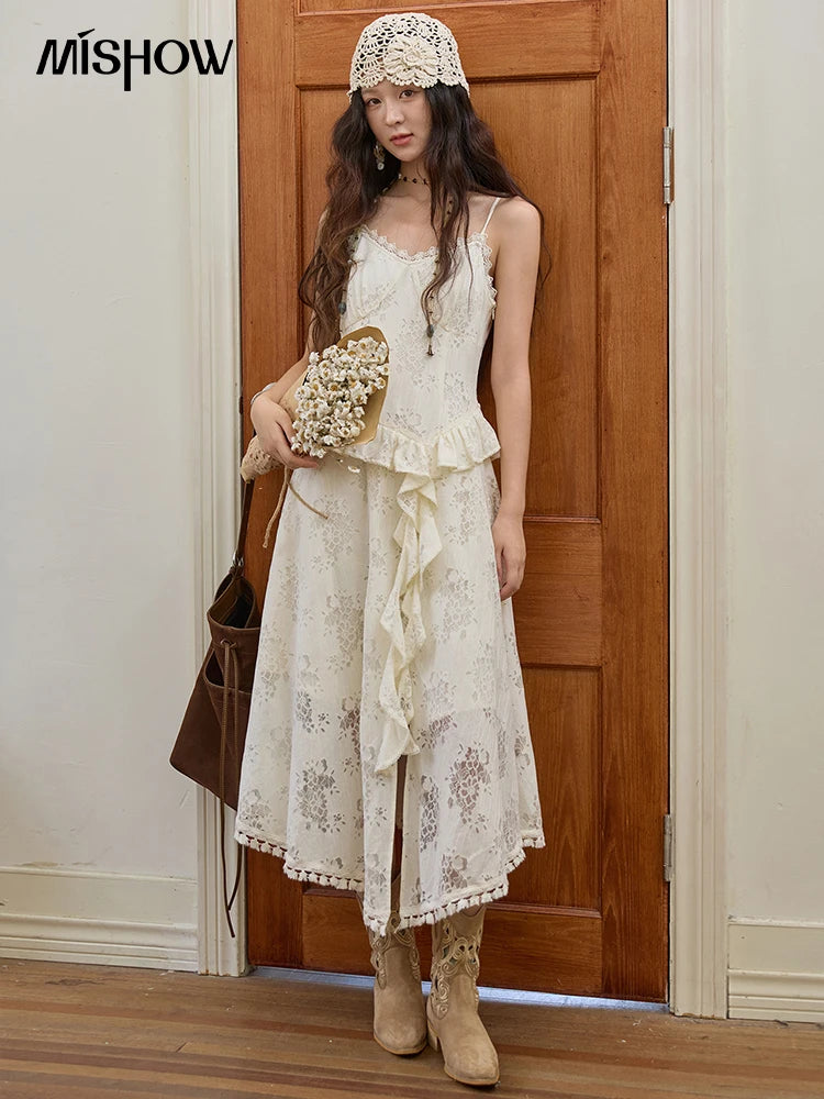 MISHOW Bohemian Apricot Lace Camisole Inner Dress Autumn Irregular Ruffle Tassel Hem Dresses Front Side Fork Dress MXE43L2449