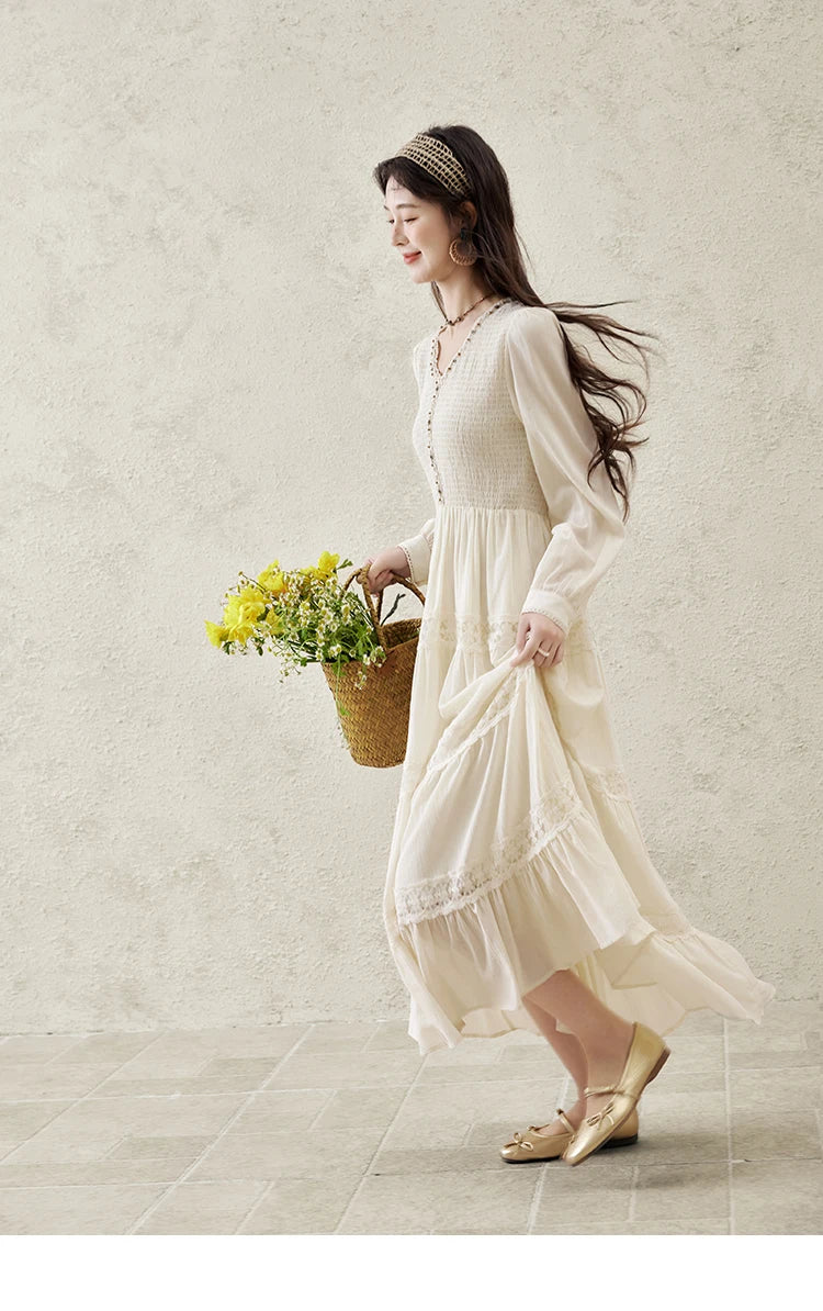 MISHOW Apricot Vacation Dress for Women Spring 100 Cotton Splicing Lace Retro Dress V-neck Waist Slim Long Dresses MXE16L2168