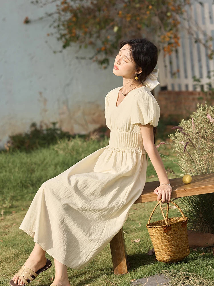 MISHOW French Summer Dresses Women 2025 New Short Puff Sleeve V-neck Solid Cotton Blended Dress Female Slimming MXE34L2288