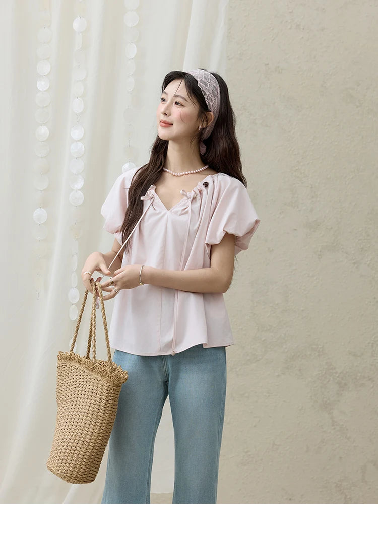 MISHOW Solid French Summer Blouses Woman 2025 New Short Puff Sleeve V-neck Beaded Retro Shirts Women Fashion Tops MXE33X1757