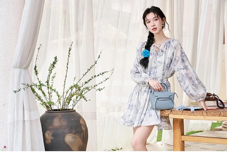 MISHOW Fairy Temperament Floral Puff Sleeved Chiffon Dress Spring Summer 2025 Lace-up O Neck Waist Knee-Length Dress MXD14L1681