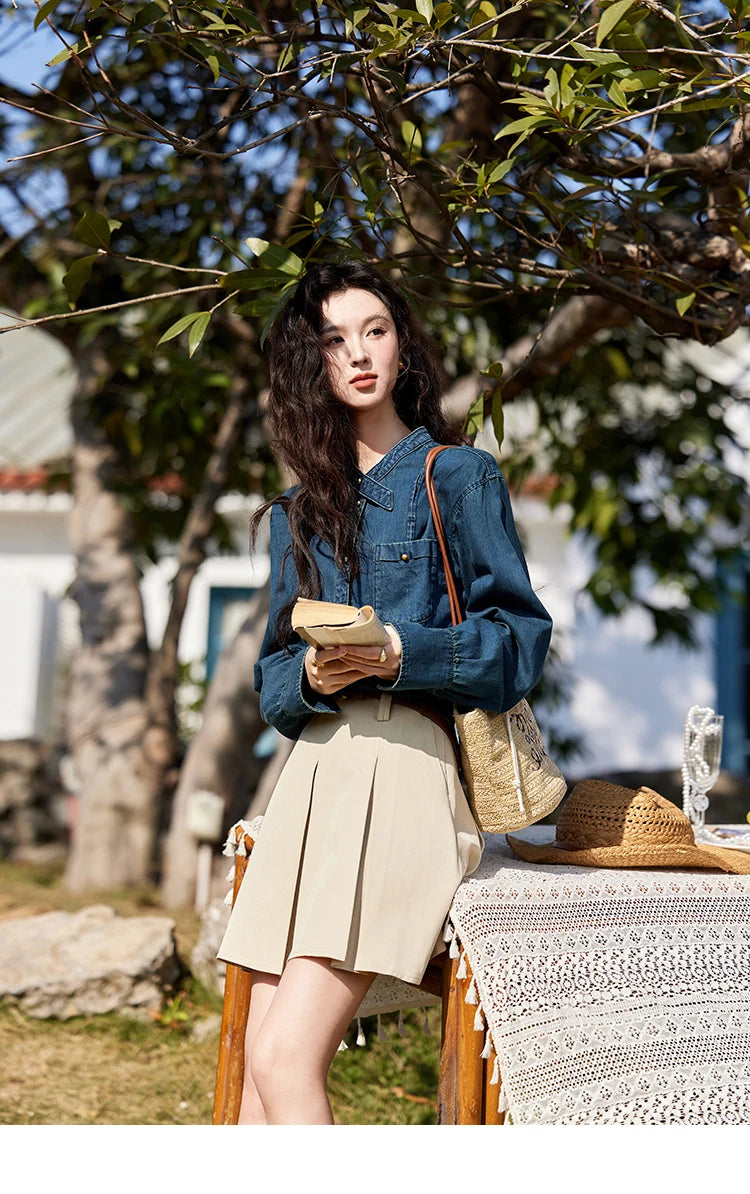 MISHOW 100 Cotton Denim Shirt French Retro Long Sleeved Shirt for Women 2025 Spring Loose Fit O Neck Casual Shirt Top MXE12C0384