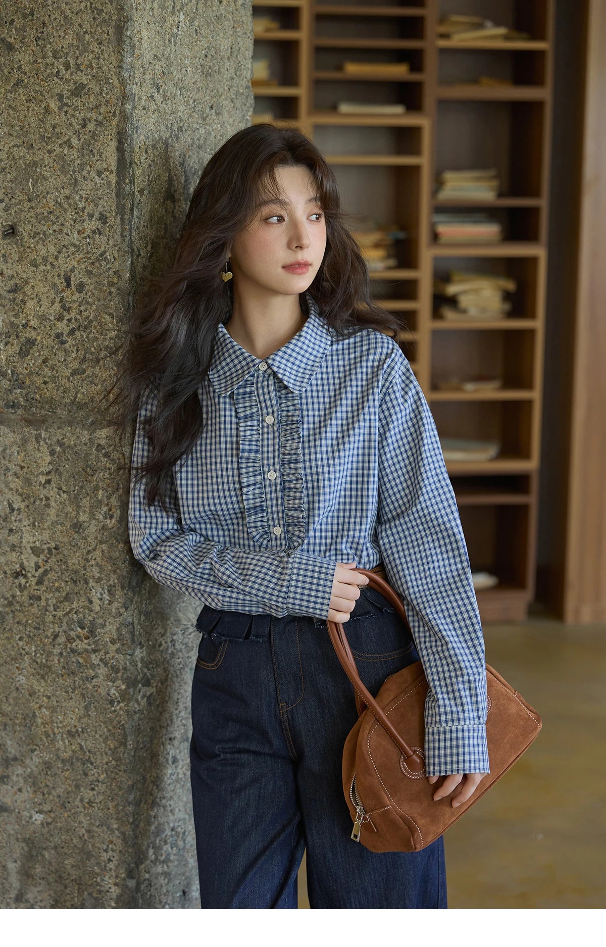 MISHOW Autumn Blue Plaid 100 Cotton Shirts 2025 Doll Collar Dropped Shoulder Sleeves Casual Top Retro Commuter Shirt MXE44C2391