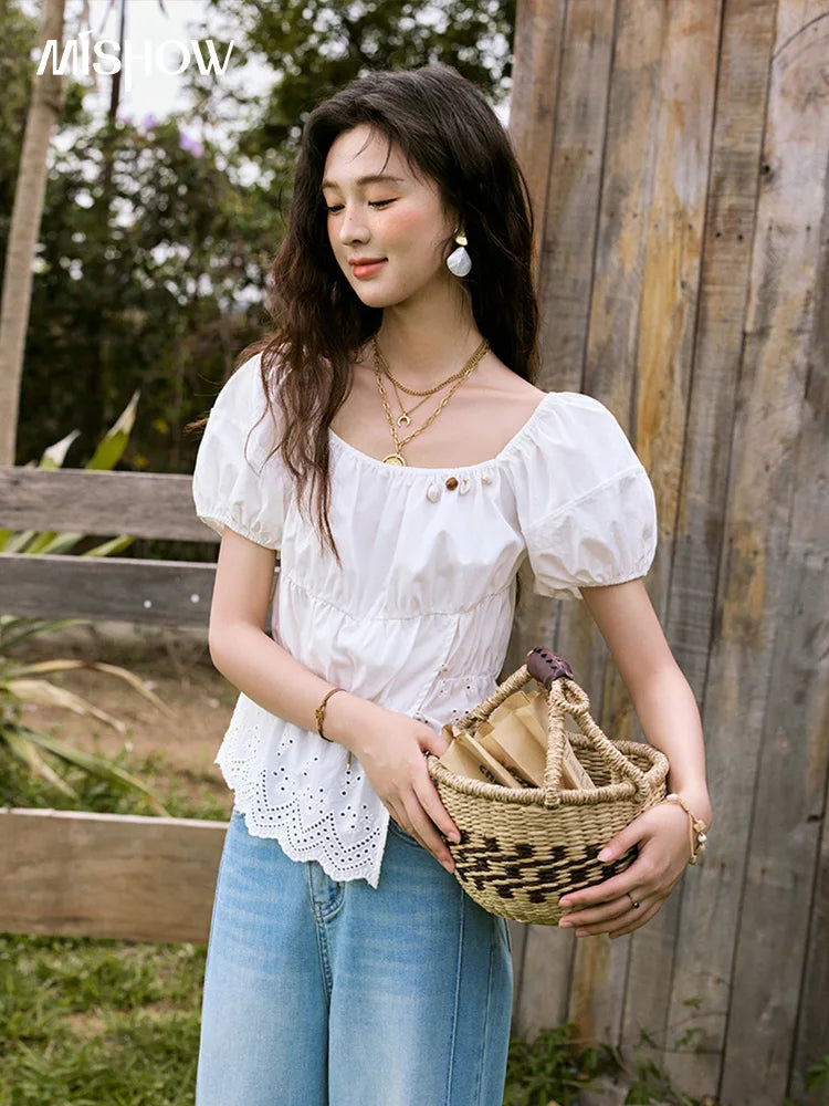 MISHOW French Summer Casual Blouses 2025 Solid Short Puff Sleeve Hem Hollow Cotton Tops Loose Collar Beading Blouse MXE33X1776