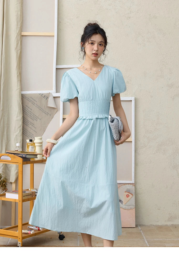 MISHOW French Summer Dresses Women 2025 New Short Puff Sleeve V-neck Solid Cotton Blended Dress Female Slimming MXE34L2288