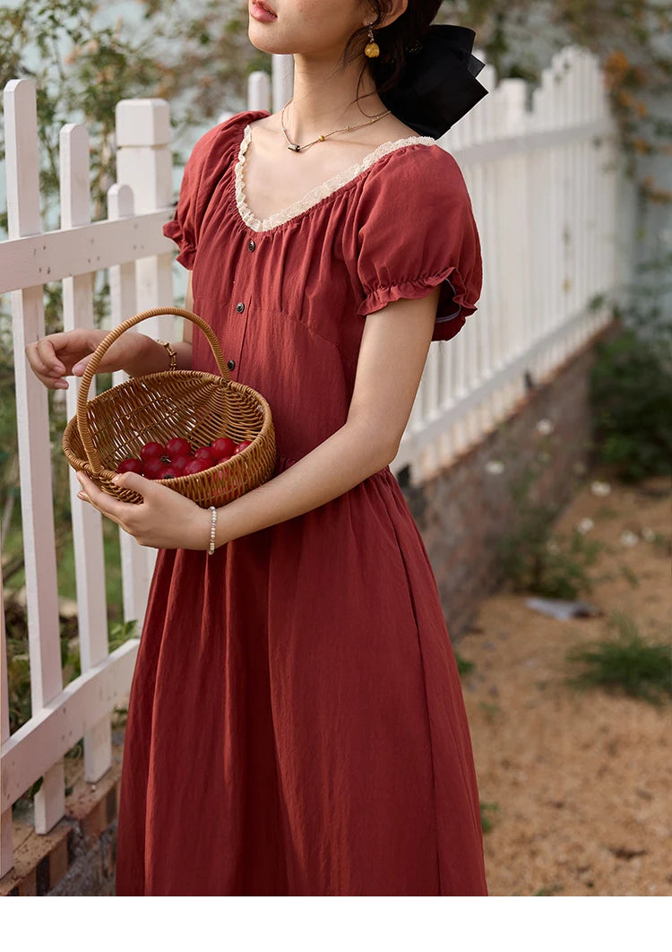 MISHOW French Summer Dress Women New 2025 Puff Short Sleeve Lace Neck Slimming Long Dresses Female Fashion Elegant MXE35L2297