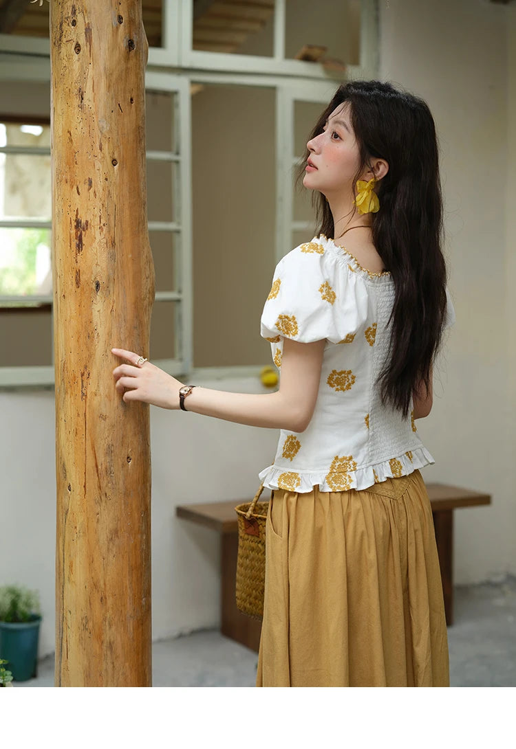 MISHOW Yellow Flower Embroidery Blouse Puff Sleeve Lace Up MXE35X1811