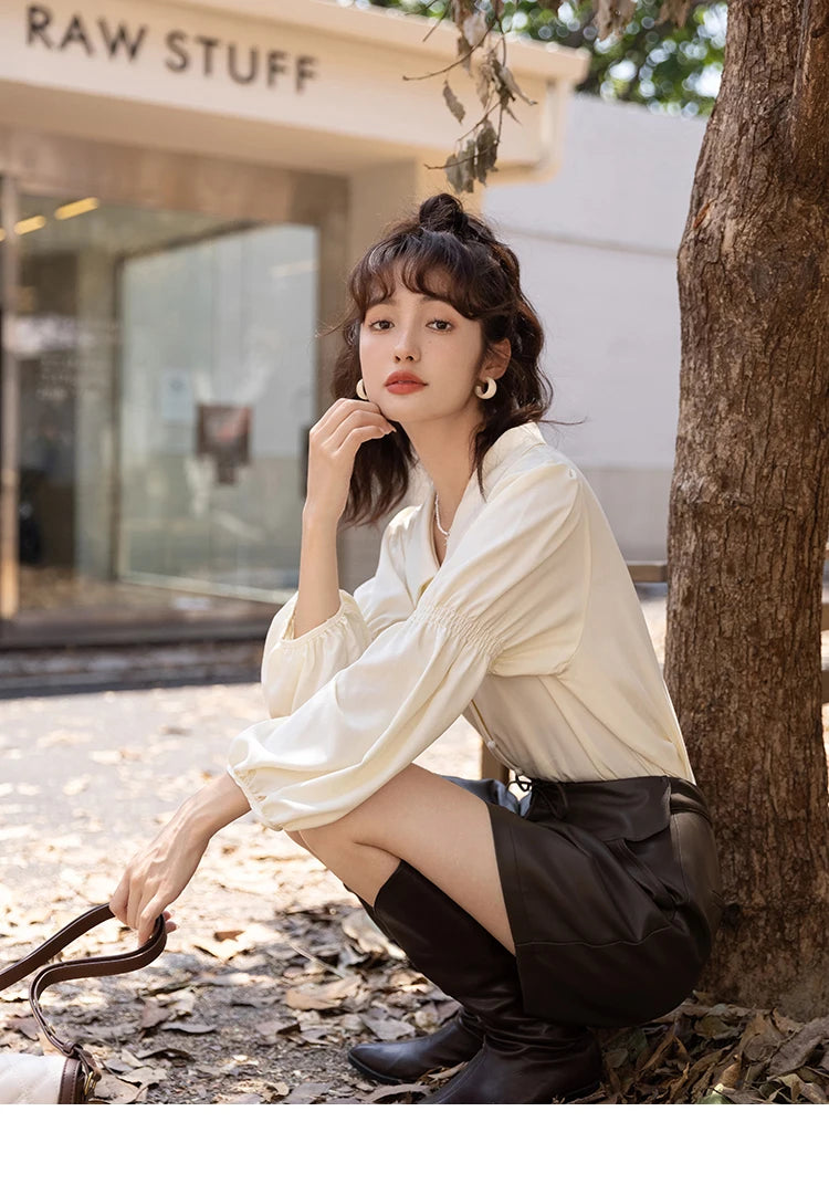 MISHOW Elegant Women's Blouse Autumn Vintage French Lantern Sleeves Turndown Collar Shirt Office Lady Female Clothing MXB32C0508