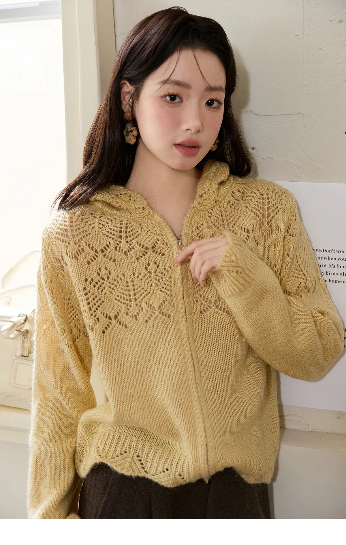 MISHOW Yellow Hollow Out Cardigan Women 2025 Autumn Winter New Hooded Zipper Sweater Loose Casual Bottoming Tops MXE46Z2584