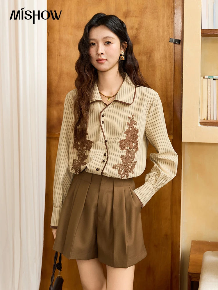MISHOW Khaki Brushed Striped Shirt 2025 Autumn Vintage Lace Embroidered Long Sleeved Shirts Asymmetric Placket Top MXE45C2402