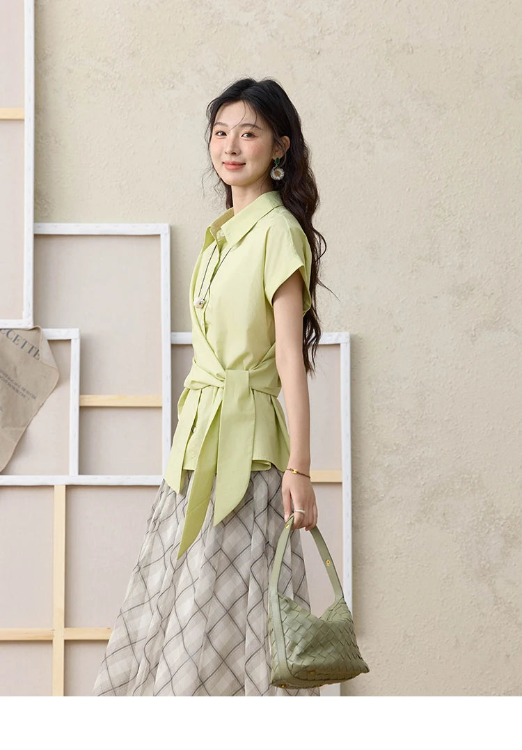 MISHOW Apricot Green Retro Plaid Skirt for Women Summer 2025 Pleated Chiffon High Waist Elegant Slim A-line Skirts MXE35B0747