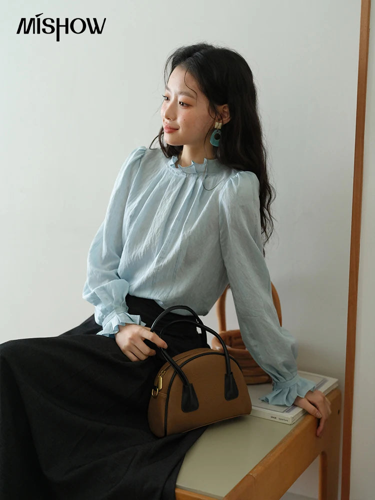 MISHOW Blue Jacquard Texture Blouses 2025 Autumn Black Fungus Edged Stand Collar Blouse Bubble Sleeves Commuting Top MXE41X1934