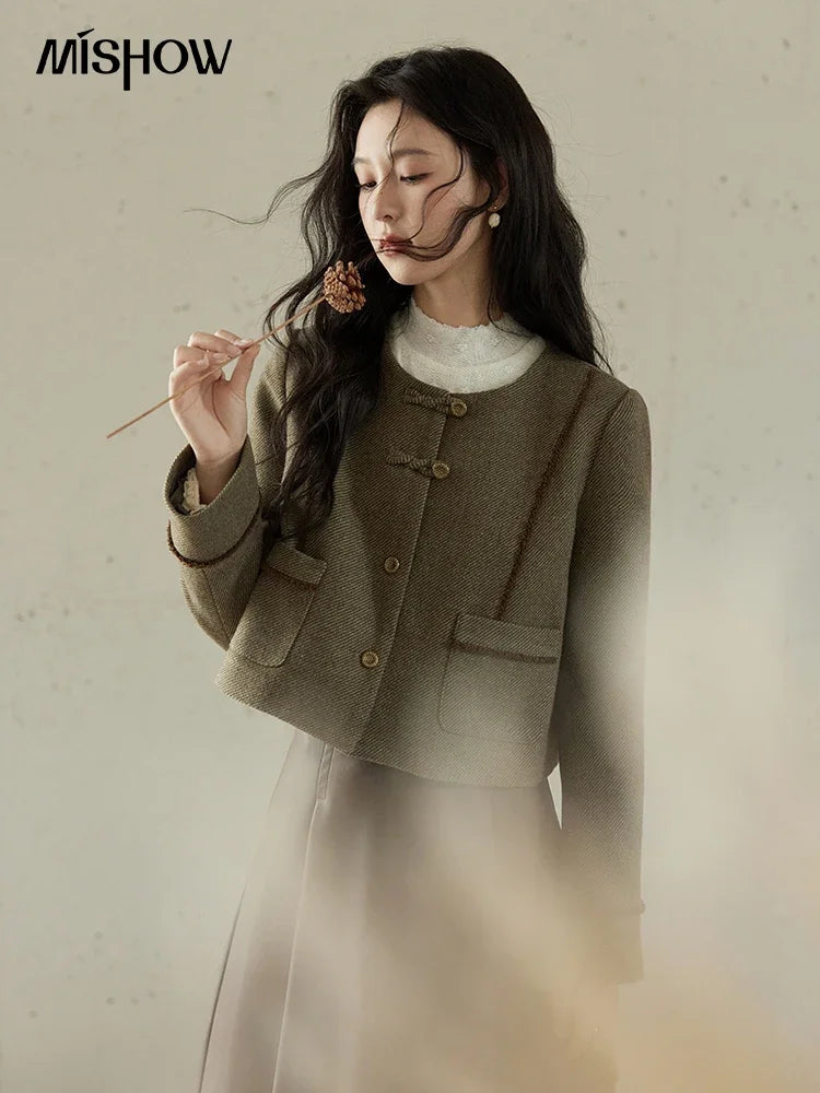 MISHOW Fashion Plaid Tweed Coat Women Premium Elegant Gentle Tweed Jacket Single Breasted Long Sleeve Loose Short Top MXD46W0449