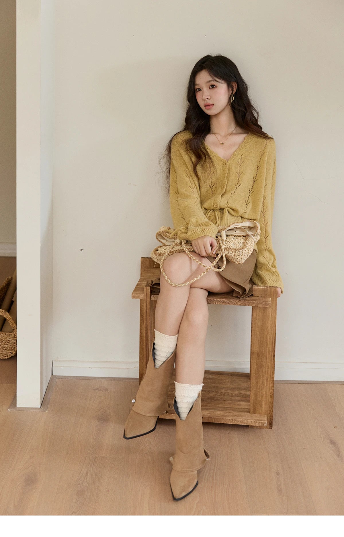 MISHOW Women's Yellow Knitted Cardigan 2026 Spring Hollow Out V-Neck Drawstring Waist Long Sleeve Casual Loose Tops MXF108Z1022