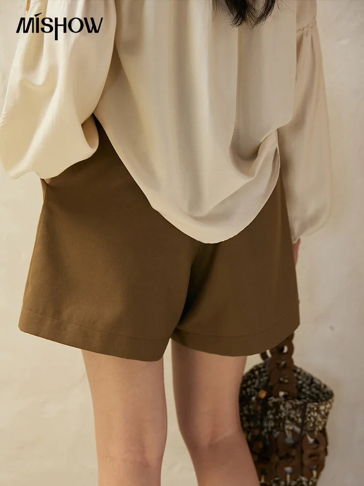 MISHOW Brown High Waist Shorts 2025 Three-dimensional I-shaped Pleated Hook Buckle Shorts Women Versatile Short Pants MXE41K1022