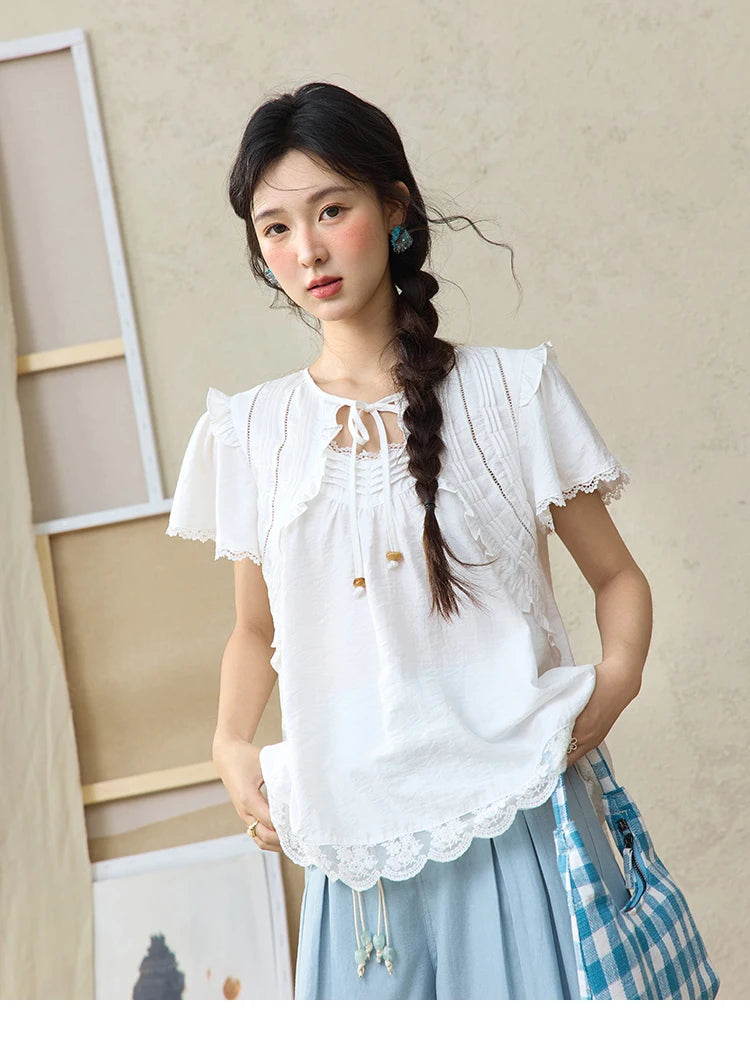 MISHOW White Lace Up Blouse Women's 2025 Summer New Fashion Butterfly Sleeve Hollow Lace Splicing Top Female Clothing MXE34X1784