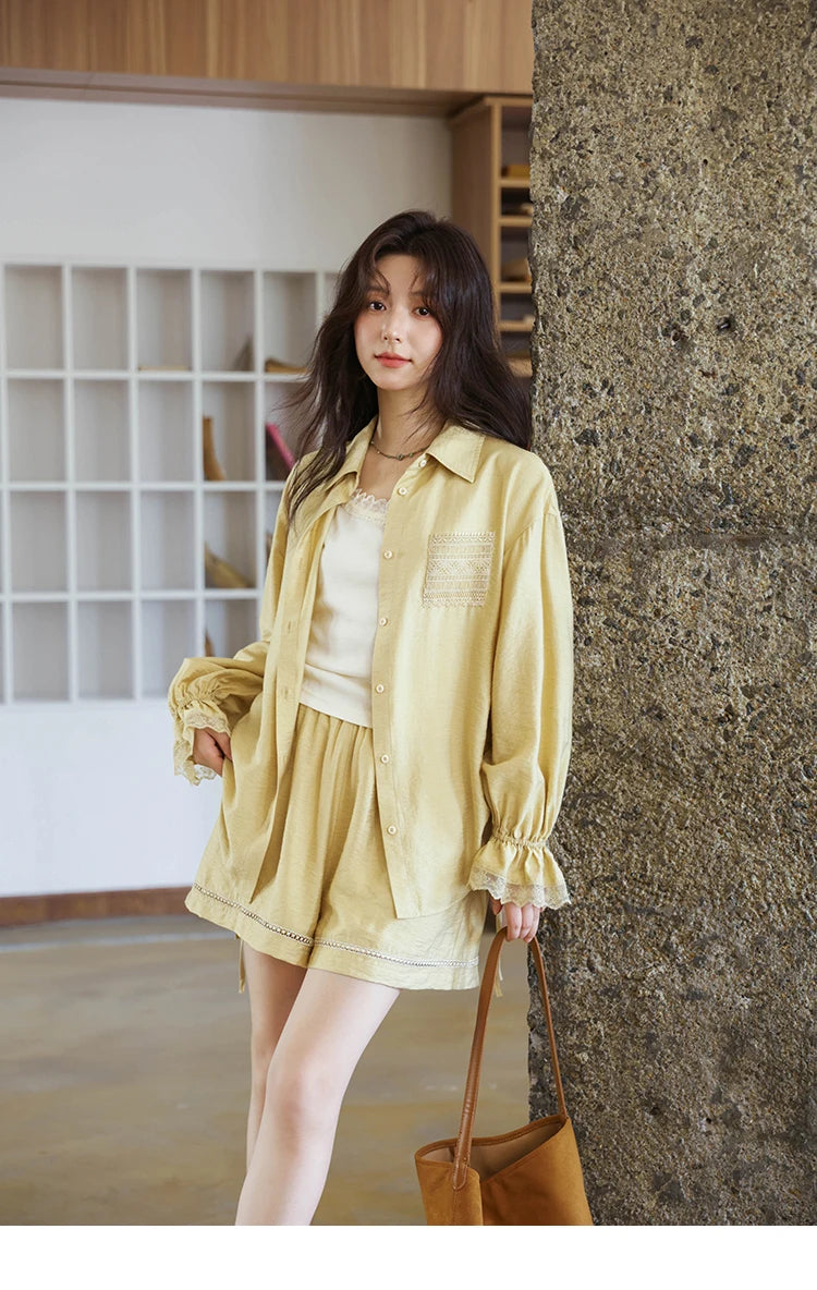 MISHOW Yellow Linen Three Piece Solid Splicing Lace Shirt Camisole Elastic Waist Shorts Vintage Hollowed Out Lace Set MXE42T0718