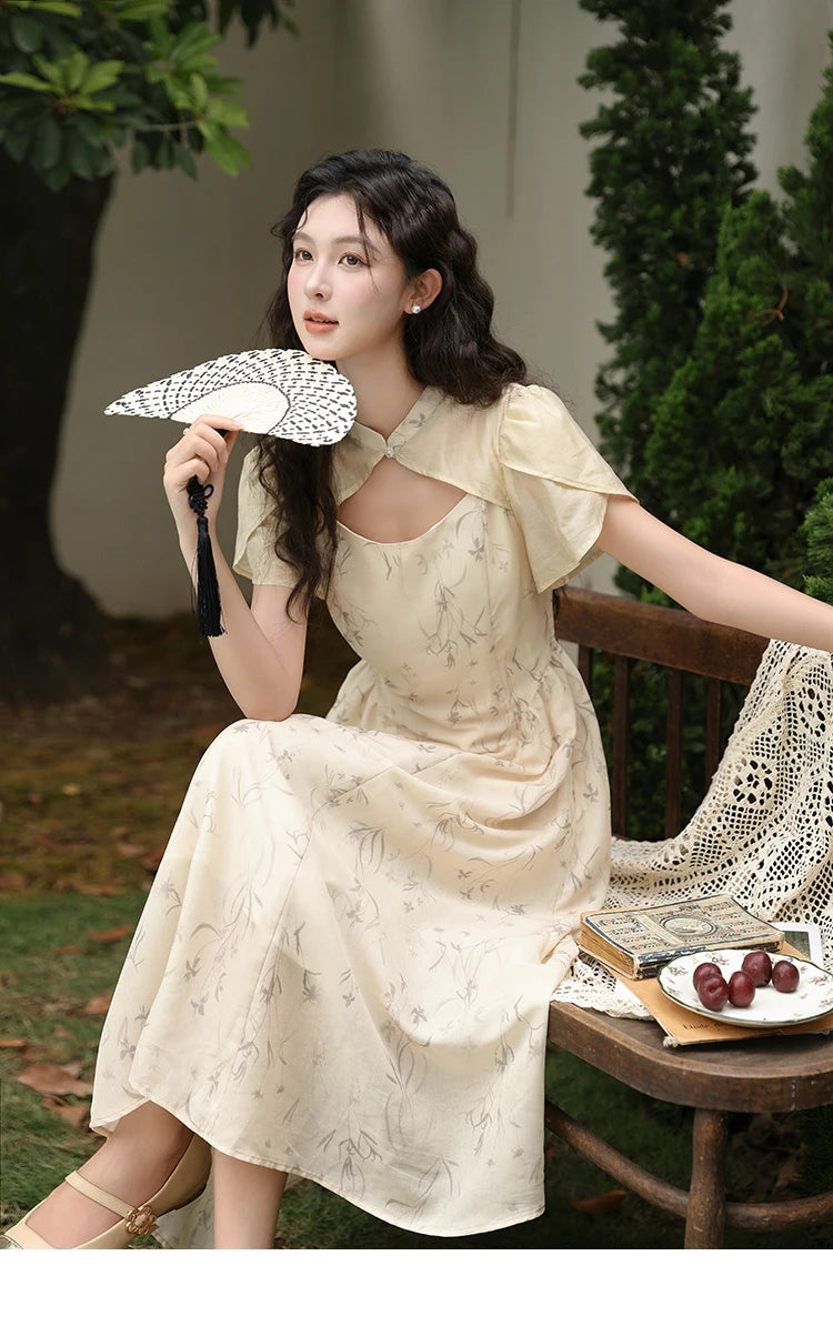 MISHOW Chinese Improved Cheongsam Floral Dress for Women 2024 Summer Hollow Out Fake Two-piece Printed Chiffon Dress MXD23L1799