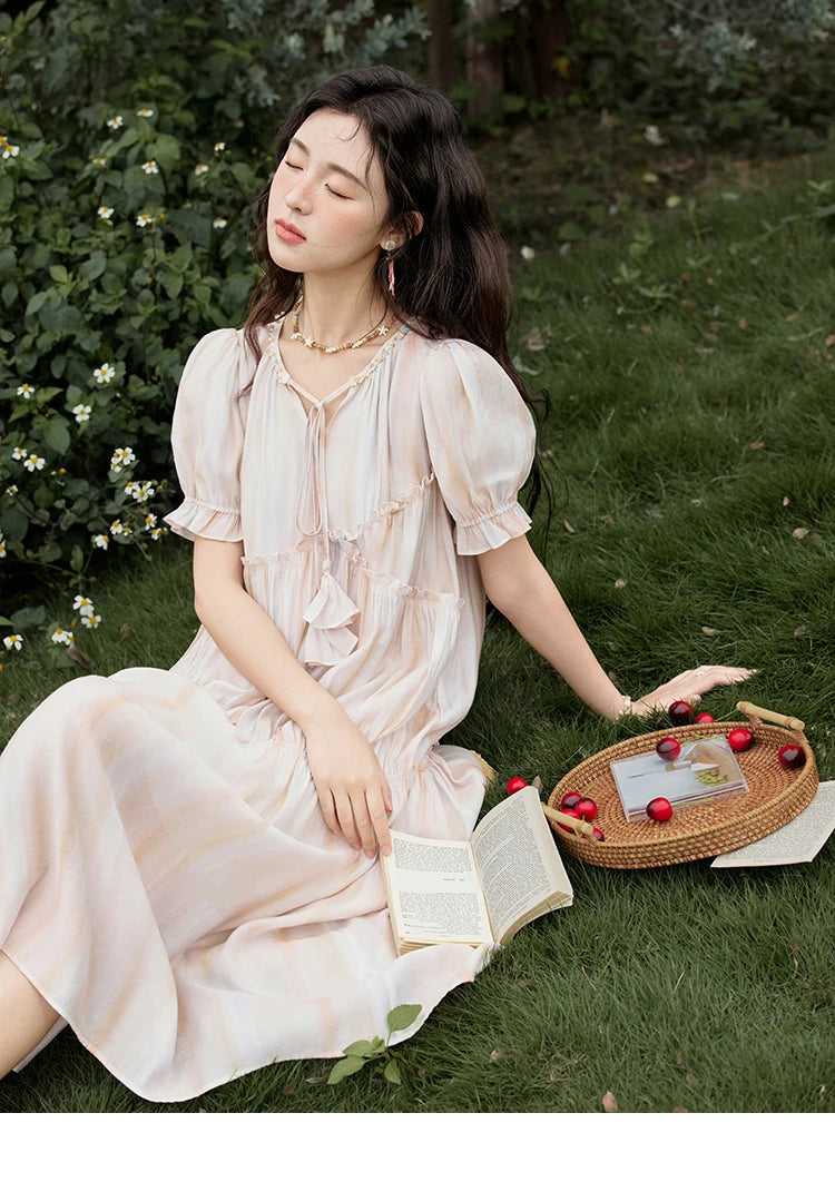 MISHOW French Summer Dress Women 2025 New V-neck Short Puff Sleeve Hollow Gradient Dresses Female Fashion Slimming MXE31L2166