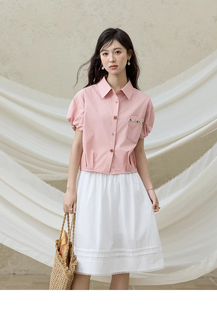 MISHOW Casual Summer Blouses Women 2025 New Short Puff Sleeve Turn Down Collar Shirt Female Fashion Shell Ribbon Tops MXE33C0773