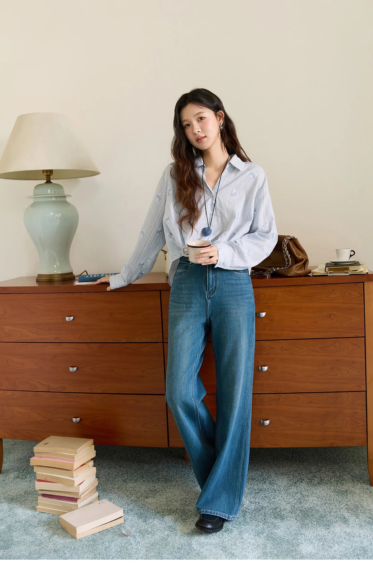 MISHOW Long Sleeve Shirts for Woman 2025 Autumn Retro Blue Single-breasted Blouse Floral Embroidery Casual Tops MXE45X2495