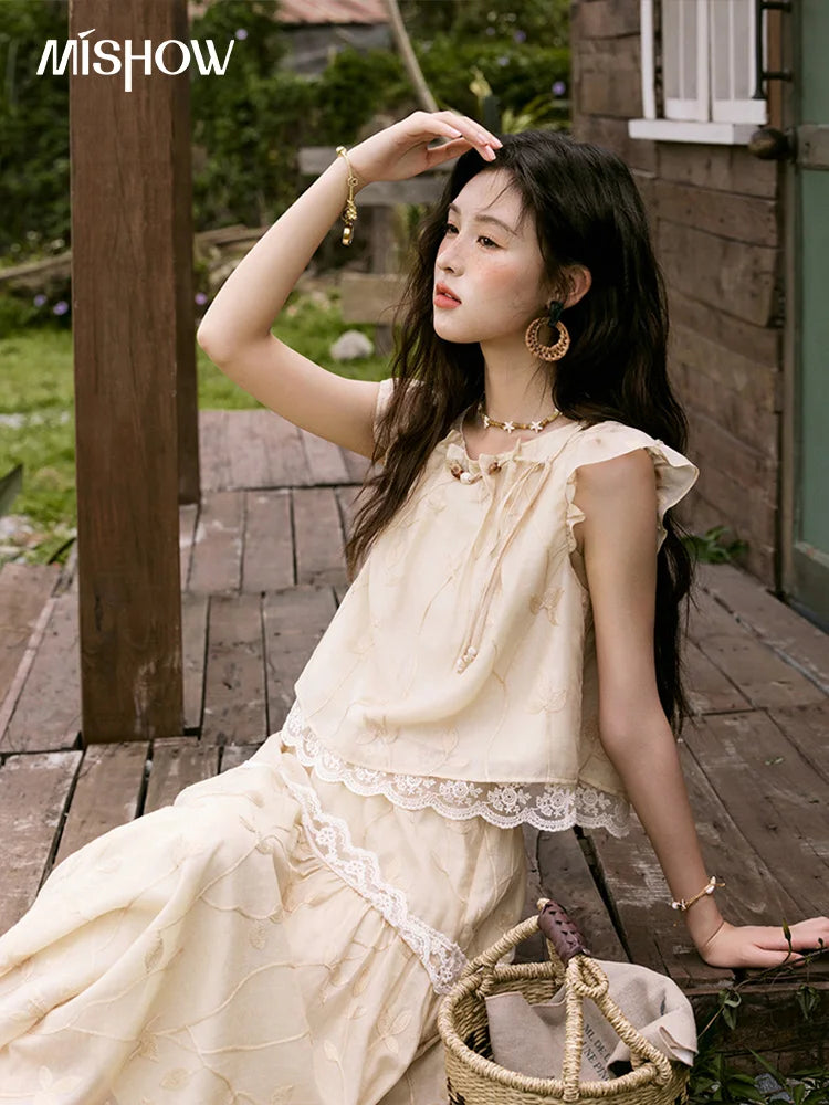 MISHOW Sweet Summer Skirt Sets Women New 2025 Short Flying Sleeve Round Neck Tops Hollow Embroidery A-line Skirt Lady MXE33T0545