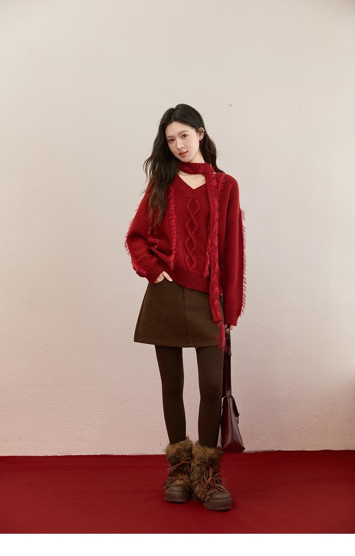 MISHOW Christmas Knitted Sweater Women 2025 Winter Burgundy V-neck Loose Tops Mink Fur Tassel with Scarf Tie Sweaters MXE93Z2809