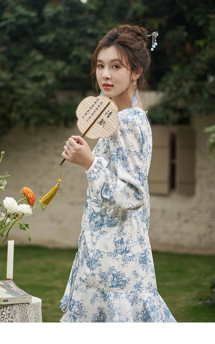 MISHOW French V-neck Chiffon Dress 2025 Spring Slim Blue and White Porcelain Printing Temperament Floral Dresses MXD15L1673